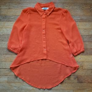Vintage 1990s Sheer Orange High Low Blouse Summer Spring fresh fit Small S